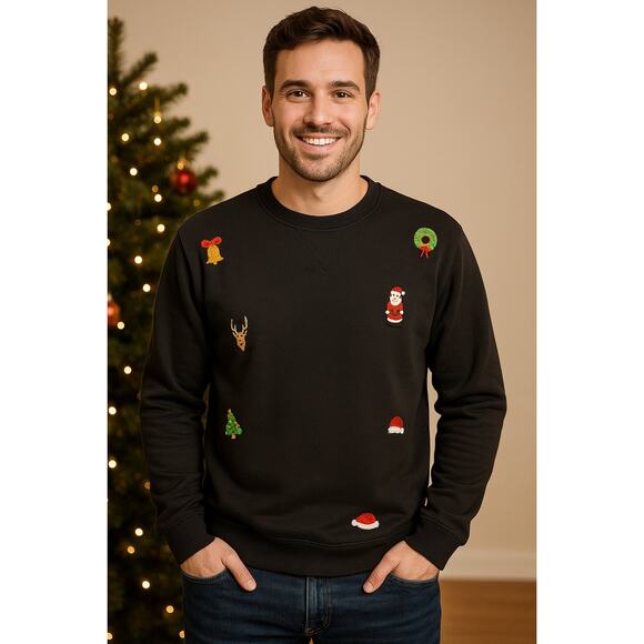 Opposuits Tops - Opposuits Men’s Festive Black Sweatshirt – Embroidered Christmas Icons